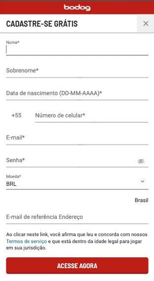 Página com dados para preenchimento para cadastro no site de Bodog Brasil